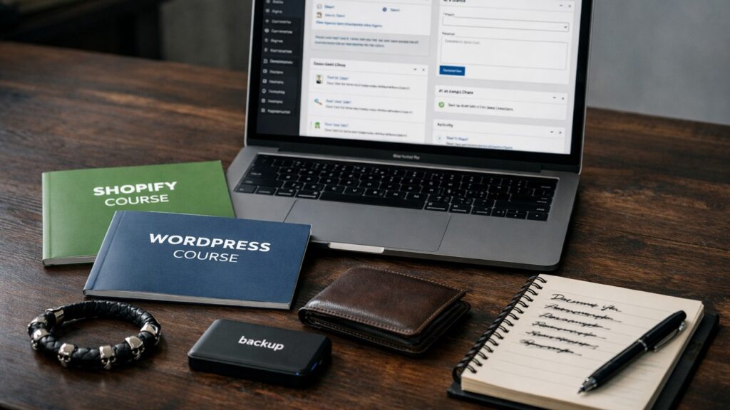 Шопифай и Вордпресс учебники возле консоли WordPress интернет магазина.