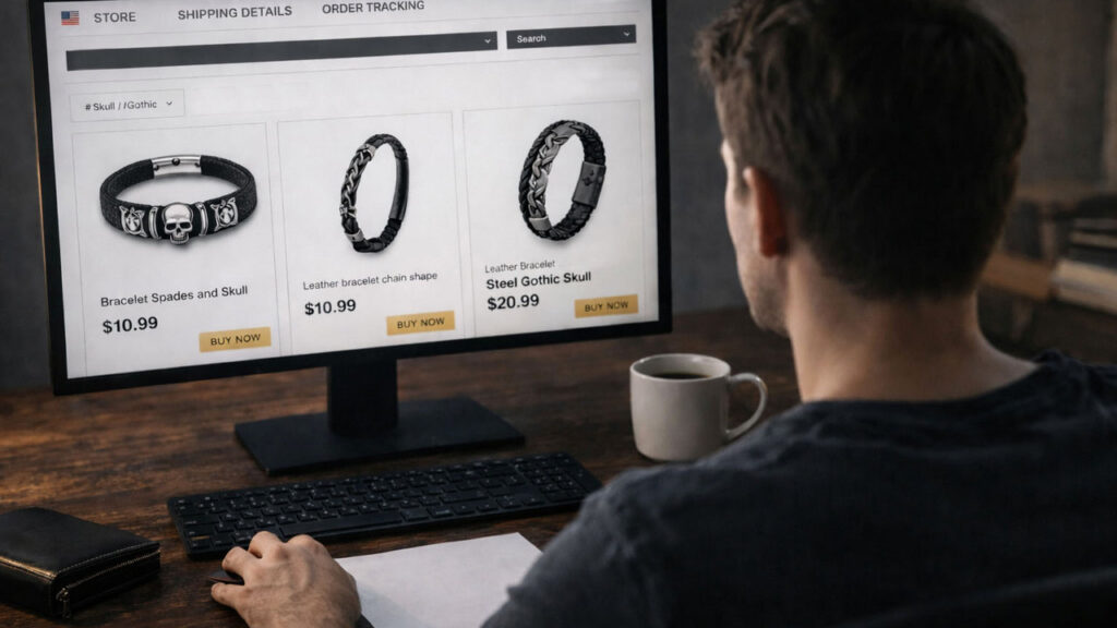 Человек смотрит на монитор с интернет магазином